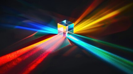 Abstract Light Beam Intersection, Prism splitting light into different colors, dispersion light spectrum on dark background.