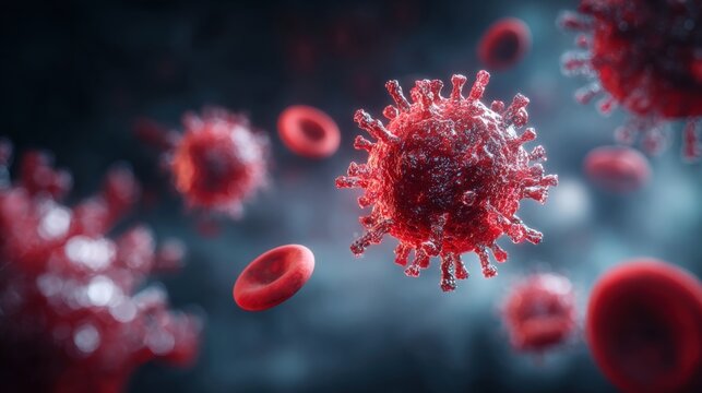Detailed Microscopic Rendering of Virus Cells and Red Blood Cells Floating in a Dark Environment