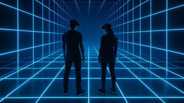 Virtual reality experience in futuristic grid environment with two participants enjoying interactive gameplay