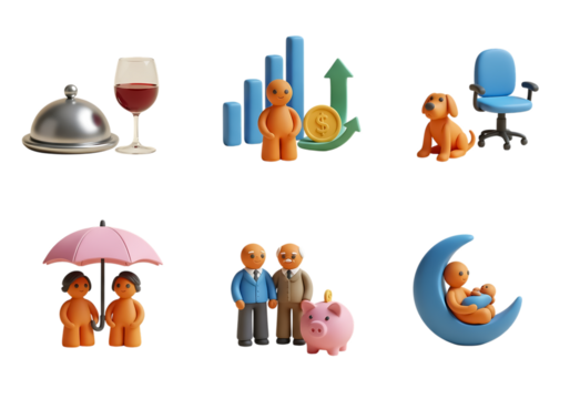 3d icon of claymation style icons representing business, finance, family, and healthcare isolated on transparent background