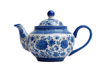 A blue and white tea pot with a floral design on it. The flowers are blue and white, and the pot is made of ceramic. The design is intricate and detailed, giving the pot a unique