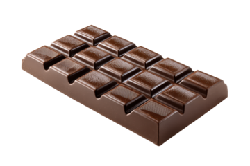 A chocolate bar with a white background. The chocolate bar is rectangular and has a white border. Concept of indulgence and luxury, as chocolate is often associated with comfort and pleasure