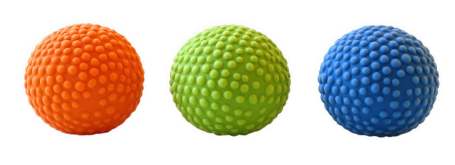 Three textured balls in orange, green, and blue isolated on transparent background
