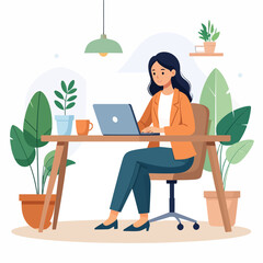 Young Woman Working at a Desk Surrounded by Plants