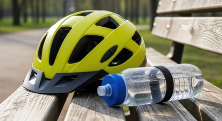 Hydrated cyclist resting after a ride with a helmet and water bottle on a park bench outdoors