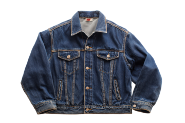 A blue denim jacket with a white collar and a red logo on the front. The jacket is made of denim and has a buttoned collar