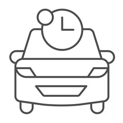 Car and clock timer thin line icon, driver license concept. Vector graphics. Motor vehicle with road ride time, transport sign on white background, outline style icon for mobile or web design.