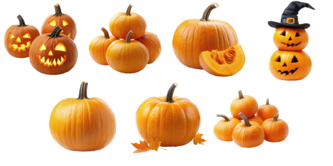 Set of different Halloween pumpkins isolated on transparent background PNG
