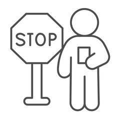 Instructor man with STOP rule post thin line icon, driver license concept. Vector graphics. Man with test paper and signpost sign on white background, outline style icon for mobile or web design.