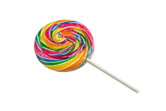 A colorful lollipop with a white stick. The colors are bright and cheerful, and the lollipop appears to be a fun and playful treat
