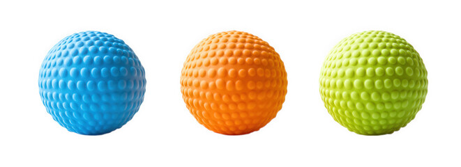 Three textured balls in blue, orange, and green isolated on transparent background