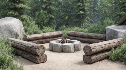 Fototapeta premium Rustic Wooden Fire Pit in Forest Landscape