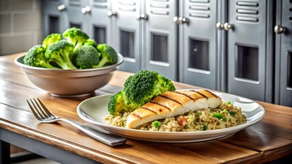 Healthy grilled fish and broccoli with quinoa on wooden table