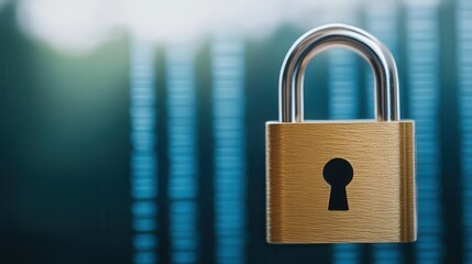 A golden padlock is prominently displayed against a blurred digital background, symbolizing security and protection, This image is perfect for topics on safety, cybersecurity, or privacy,