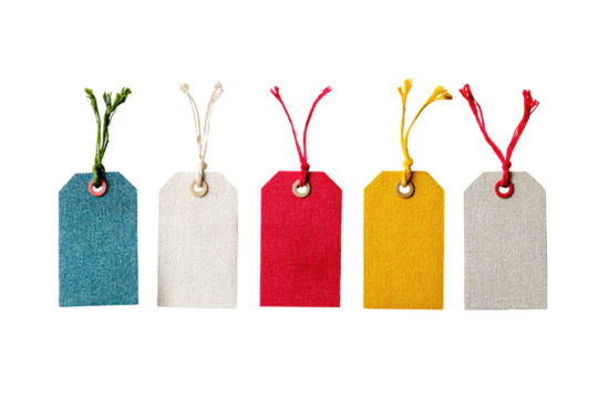 A row of colorful tags with different colored strings hanging from a white background. The tags are of various sizes and colors, and they appear to be hanging from a string