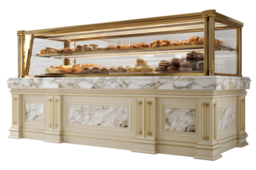 Commercial bakery display case with cream gold marble finishes filled with fresh croissants cakes pastries baked goods on wooden shelves transparent background.