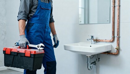 Plumber with Toolbox Ready to Fix Sink Pipes, Bathroom Maintenance and Repair Services