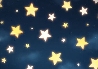 Obraz premium Cartoon style blue gradient night sky background with glowing stars, cute outlined shapes, white highlights, simple lines, dreamy atmosphere, and magical luminous starlight concept.