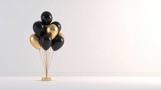 A cluster of black and gold balloons on a minimalistic background, perfect for events like parties, celebrations, or corporate functions, Ideal for use in marketing materials or social media,