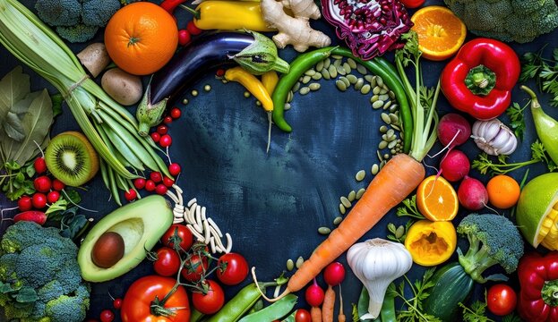 Colorful assortment of fresh vegetables and fruits arranged in a heart shape on a dark background (1) - Powered by Adobe