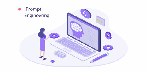 Woman interacting with ai technology and prompt engineering concepts on a laptop screen