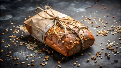 Artisan whole grain bread loaf wrapped in rustic paper tied with twine