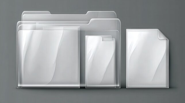 A collection of transparent folders and files arranged on a gray background, ideal for showcasing organizational tools, office supplies