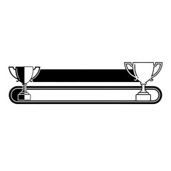 Two trophies on a black and white banner for competition or victory