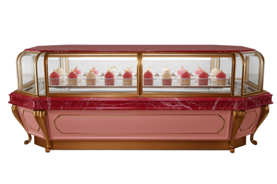 Vintage french baroque style pastry display case with ornate gold details, pink burgundy, showcasing gourmet petit fours, small cakes desserts on transparent background.