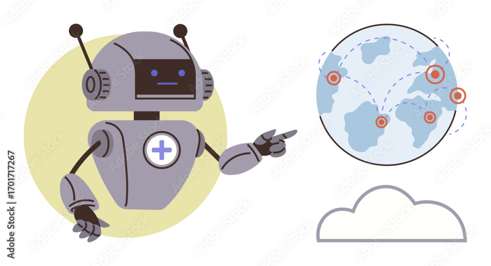 Aufkleber robot pointing at a world map with marked locations and lines connecting them a cloud icon below. id