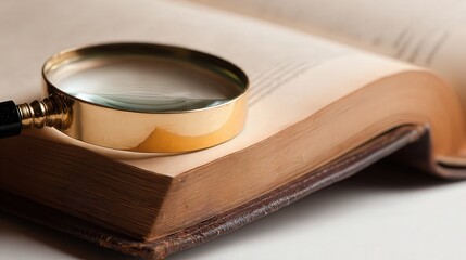A close-up of a magnifying glass resting on an open book, emphasizing the fine details of the pages, This image is ideal for educational content, literature reviews, or detective-themed articles,