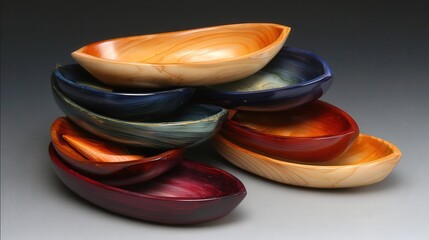 Colorful, artfully stacked decorative bowls showcase unique marbled patterns, ideal for home decor, kitchen styling, or artistic presentations in marketing materials
