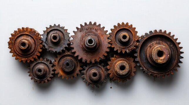 A collection of rusted gears artfully arranged, showcasing their industrial charm, This image is ideal for topics on machinery, vintage aesthetics, or engineering