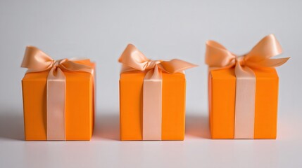 Bright orange gift boxes with soft beige ribbons arranged neatly, Ideal for celebrating occasions like birthdays, holidays, or special events, adding a cheerful touch to gift presentations,