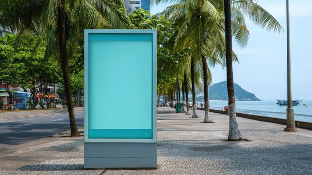 Blank Billboard Mockup on Tropical Beachfront Promenade for Advertising, Marketing and Creative Promotion Campaigns - Powered by Adobe