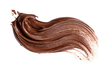 Smear of tasty chocolate pastet on a white background. The brushstroke is long and has a wavy texture
