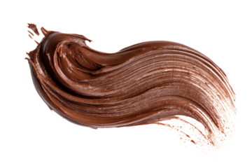 Smear of tasty chocolate pastet on a white background. The brushstroke is long and has a wavy texture