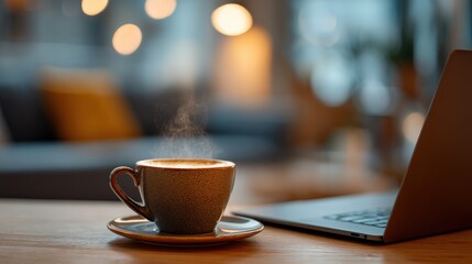 Obraz premium Cozy Workspace Scene: Steaming Coffee Cup and Laptop on Wooden Desk in a Warm Interior