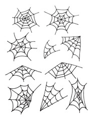 Cobweb. Spider web doodle icon for Halloween. Spider product hand drawing. Vector illustration, isolated on white background