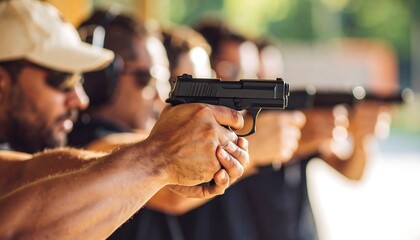 Individuals practicing with handguns at a shooting range