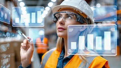 Visionary in the Warehouse: A focused female worker in a hard hat, with advanced augmented reality (AR) technology, oversees operations within the industrial warehouse setting. - Powered by Adobe