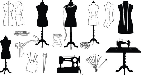 Fashion tailoring vector illustration set with dress forms, sewing machines, measuring tape, needles, fabric patterns, pins, and garment design.