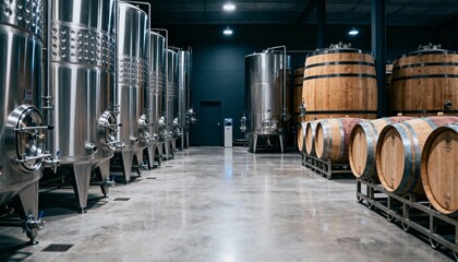 Wine Production: Stainless Steel Fermentation Tanks and Oak Barrels in a Modern Winery Facility