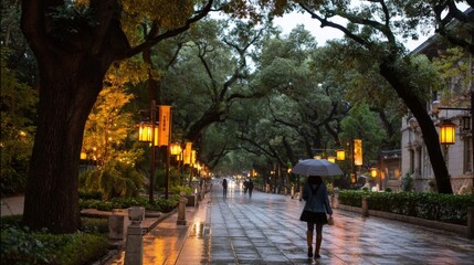 Fototapeta premium Rainy Cityscape at Night: Serene Walkway with Illuminated Streetlights and Lush Greenery in Urban Setting