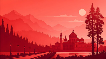 Obraz premium Bright Red Monochromatic Landscape Featuring a Lakeside Cathedral Silhouetted Against Mountains Under a Red Sun