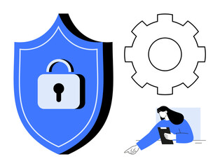 Shield with lock, gear, and person holding tablet emphasizing security, data protection, and technology. Ideal for cybersecurity, privacy, technology, digital security development mobile apps