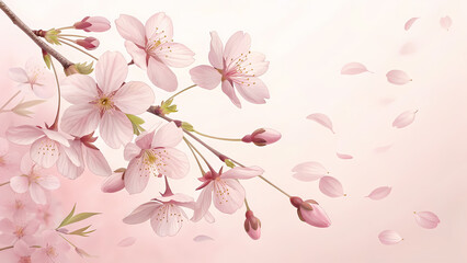 Airy falling sakura petals in watercolor style, gentle pink pastel tones, edges detailed, empty center, soft and elegant background for spring projects
