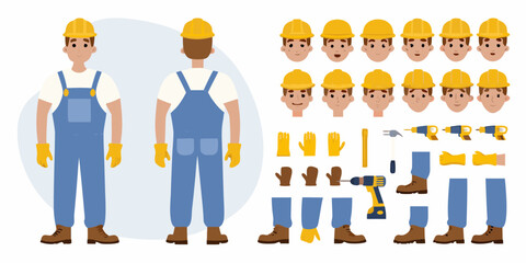 Construction worker character kit with various poses and accessories for design projects