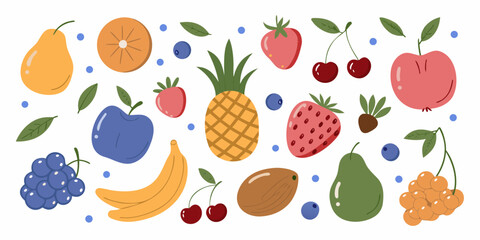 A vibrant collection of assorted fresh fruits and berries arranged in a playful pattern on a white background