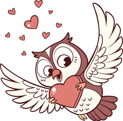Cute cartoon owl holding a heart with wings spread for valentine s day or love themes
